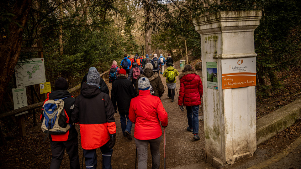 Die Wandergruppe betritt den Dehnepark.