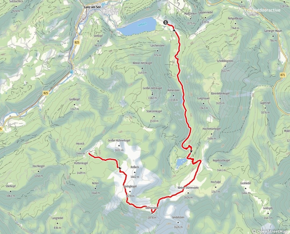 Unsere Route vom Lunzer See über den Dürrenstein zur Ybbstaler Hütte.